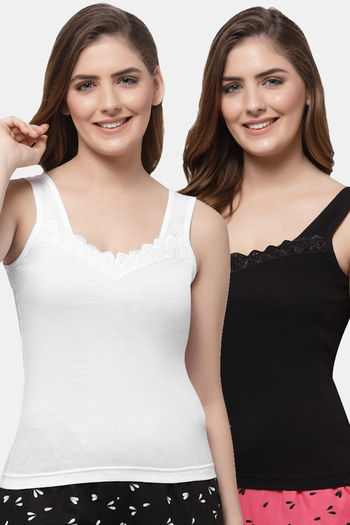 Buy Floret Cotton Camisole (Pack of 2) - White Black
